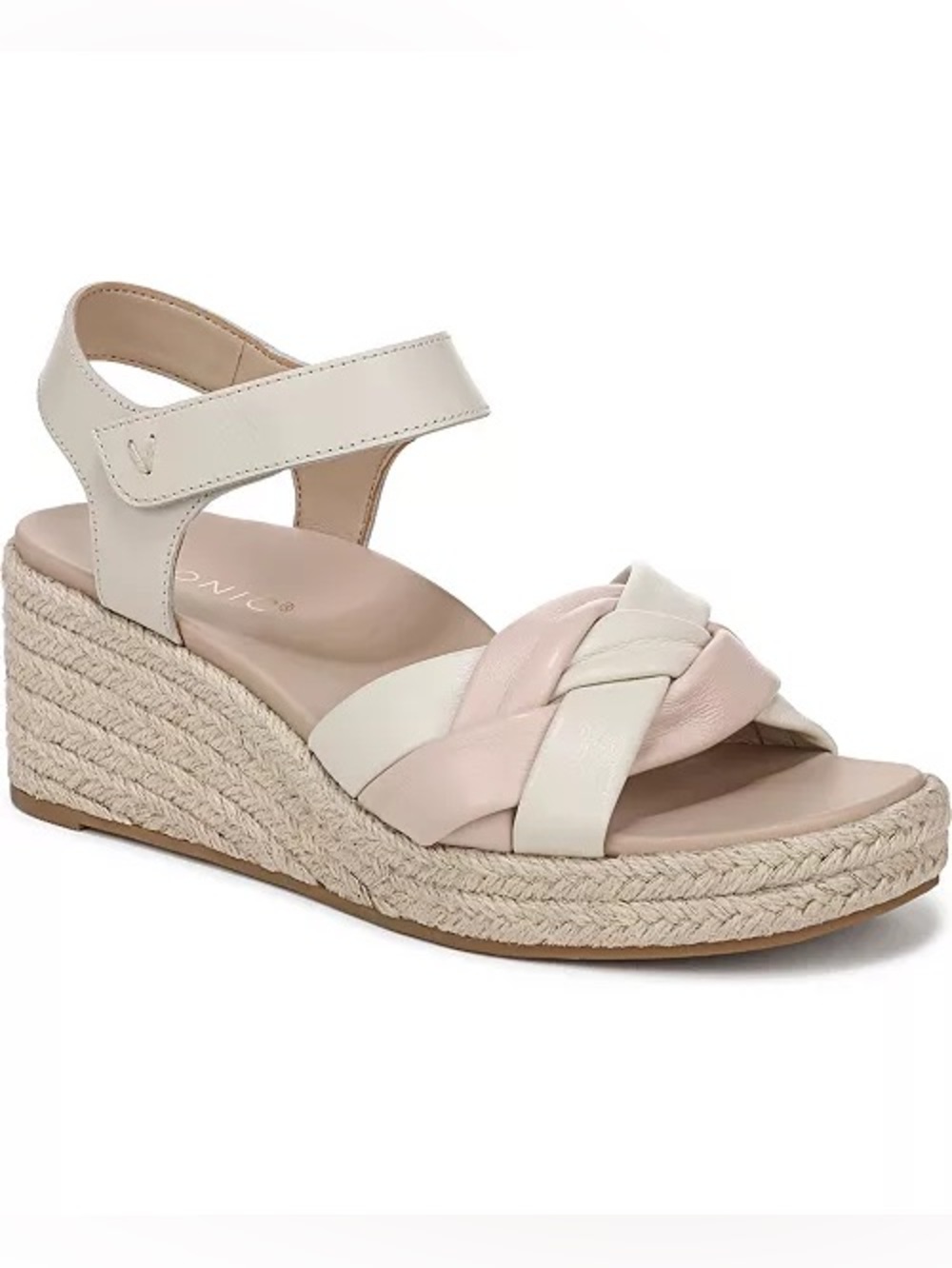 NWT Vionic Saratoga Espadrille Wedge Sandals Cream Cameo Rose Leather Sz 9,5